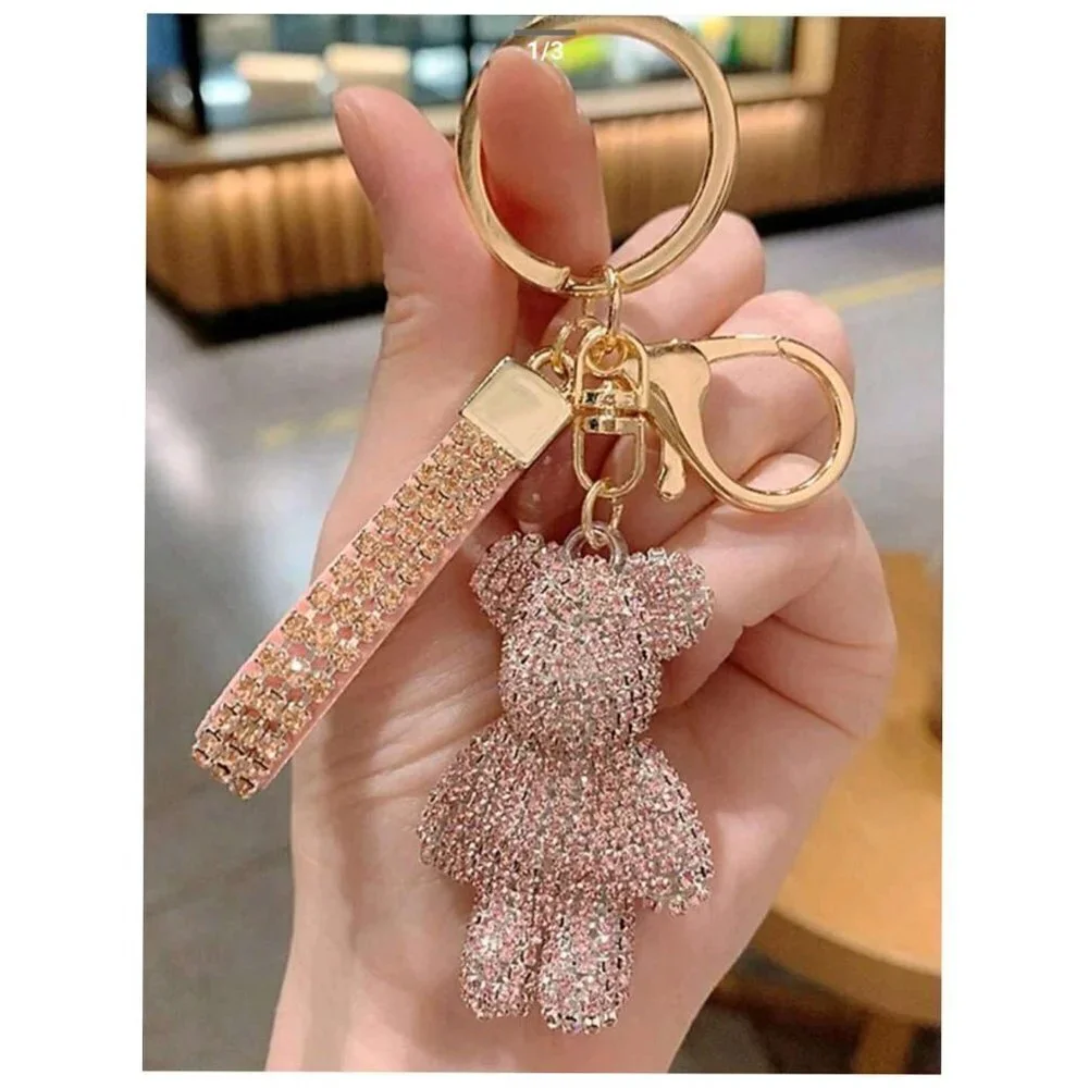 Trendy Rhinestone-embedded Bear Shaped Keychain For Women